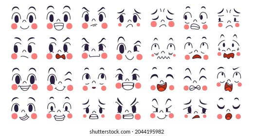 Conjunto de conceptos de expresión de emoción. Caricatura ilustrativa vectorial de la cara emotiva del humano. Expresión facial de los humanos para juegos, chat, medios sociales, publicaciones y libros
