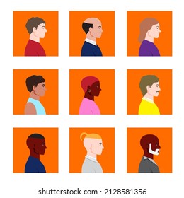 Expression of emotion concept set. Cartoon vector illustration emotion side face of human. Facial expression of human for game, chat, social media, publishing and books