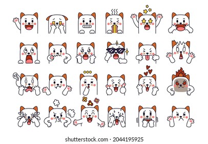 Expression of emotion concept set. Cat character in diffetent animal emotions. Facial expression flat vector illustration for game, chat, social media, publishing and books