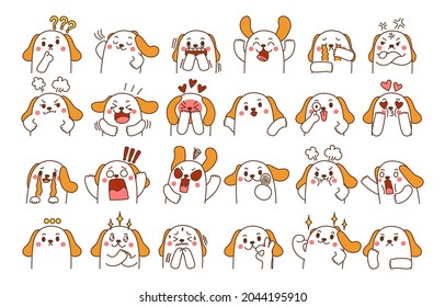 Conjunto de conceptos de expresión de emoción. personaje de perro en diferentes emociones animales. Expresión facial ilustración vectorial plana para juegos, chat, medios sociales, publicaciones y libros