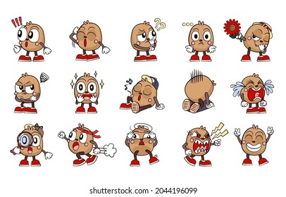 Expression of emotion concept set. Face of potato character in diffetent emotions. Facial expression flat vector illustration for game, chat, social media, publishing and books
