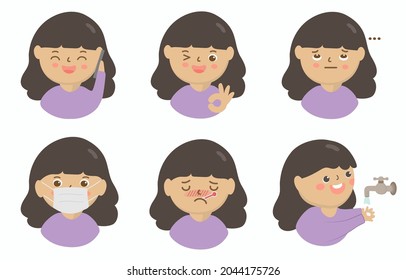 Expression of emotion concept set. Female in diffetent emotions. expression flat vector illustration use the phone, ok, fine, bad, worried, sick, careful 