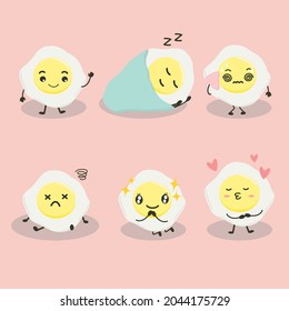 Expression of emotion concept set. Fried eggs in diffetent emotions. expression flat vector illustration happy, sleepy, sleepy, confused, unconscious, good mood, infatuated, love