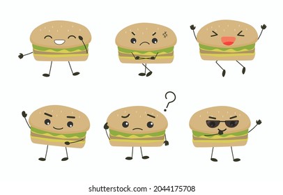 Expression of emotion concept set. hamburger in diffetent emotions. expression flat vector illustration laugh, angry, what, happy, greeting, wonder, puzzled, 
