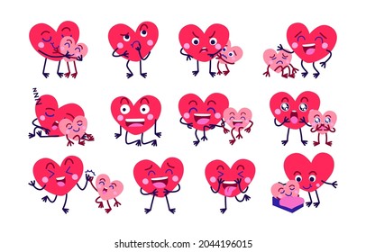 Conjunto de conceptos de expresión de emoción. El carácter de forma cardíaca en emociones diferentes. Expresión facial ilustración vectorial plana para juegos, chat, medios sociales, publicaciones y libros