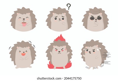 Expression of emotion concept set. Hedgehog in diffetent animal emotions. expression flat vector illustration Hedgehog, good mood, doubt, thinking, laughing, angry, scared, fleeing,