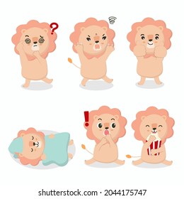 Expression of emotion concept set. Lion in diffetent animal emotions. expression flat vector illustration confused, confused, angry, happy, asleep, sleepy, surprised, delicious, 