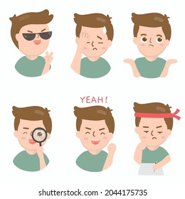 Conjunto de conceptos de expresión de emoción. Hombre con emociones diferentes. expresión ilustración vectorial plana Confiable, aburrido, lo que sea, búsqueda, sí, concentrado, 