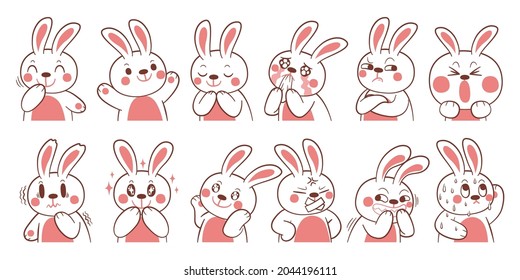 Expression of emotion concept set. Rabbit character in diffetent animal emotions. Facial expression flat vector illustration for game, chat, social media, publishing and books