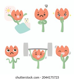 Expression of emotion concept set. Tulip character in diffetent emotions. expression flat vector illustration Awake, angry, grateful, bored, strong, exercising, laughing, cheerful, 