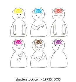 Expression and emotion icons. Cute icon with head and body. Happy, confused, angry and dumbfounded expressions. Outline style.