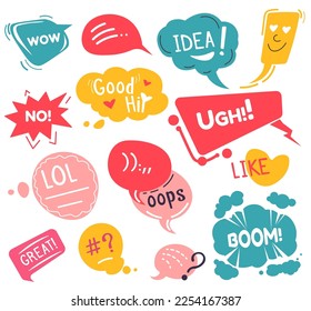 Expression of emotions in social media, isolated stickers and emoji with text. Hello and lol, idea and ugh, boom and oops. Communication in web, online chatting and talking. Vector in flat style