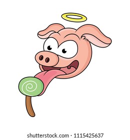 the expression of a fairy pig cartoons eating candy