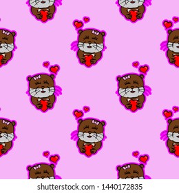 expression fall in love otter pet cute, be enamored, be taken funny animals  valentine seamless pattern with pink background and cartoon style