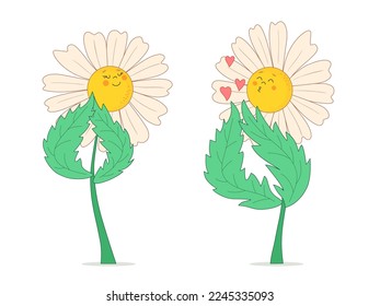 Expression of feelings of love and adoration. I love you. Chamomile flower blows kiss to another chamomile flower. Emotion stickers. Vector illustration on white isolated background. svg