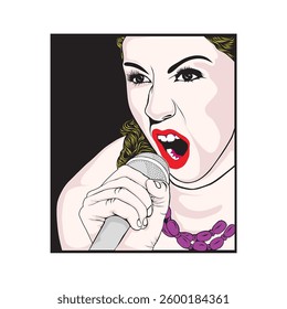 The expression of a female singer, made to seem loud and strong. Suitable for background, design elements or product needs