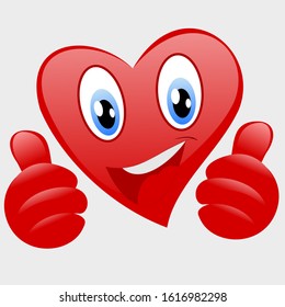 The expression of the heart is showing two thumb. Emoticon. Love symbol. Cartoon design elements for Valentine's Day greeting cards, printed t-shirts, icons, logos, labels, stickers