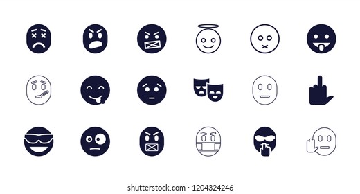 Expression icon. collection of 18 expression filled and outline icons such as emot in sun glasses, sad emot, emoji angel, mask. editable expression icons for web and mobile.