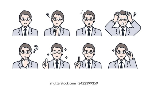 Expression icon illustration set material of a young businessman wearing glasses