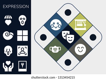 expression icon set. 13 filled expression icons.  Simple modern icons about  - Masks, Emotion, Foodie, Scream, Face, Winkle, Delicious, Emotions, Newton cradle, Shy, Mask, Happy