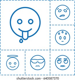Expression icon. set of 6 expression outline icons such as cool emot in sunglasses, sweating emot, emoji angel, rolling eyes emot