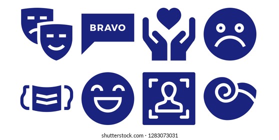  expression icon set. 8 filled expression icons. Simple modern icons about  - Mask, Masks, Happy, Bravo, Face, Emotion, Winkle, Unhappy