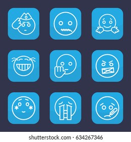 Expression icon. set of 9 outline expression icons such as laughing emot, shy emoji, angry emot