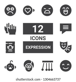 expression icon set. Collection of 12 filled expression icons included Happy, Newtons cradle, Face, Cry, Theatre mask, Wanted, Chat bubble, Expresso, Emotion, Clap, Sad, Angry