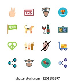 expression icon set. vector set about peace, portraits, drama and trolley icons set.