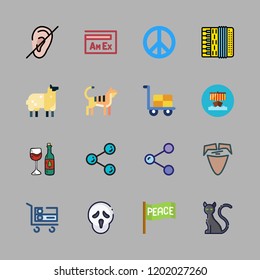 expression icon set. vector set about american express, trolley, viking ship and peace icons set.