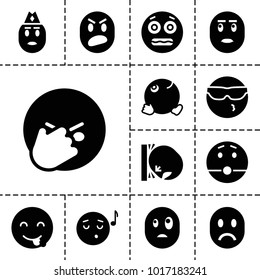 Expression icons. set of 13 editable filled expression icons such as cool emot in sunglasses, emoji listening music, emot showing tongue, shocked emoji