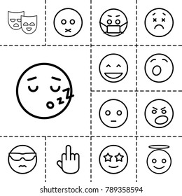 Expression icons. set of 13 editable outline expression icons such as laughing emot, sad emot, emoji angel, happe emoji with star eyes, emoji in mask, middle finger