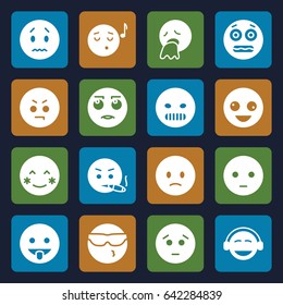 Expression icons set. set of 16 expression filled icons such as crazy emot, blush, sad emot, emoji listening music, emoji