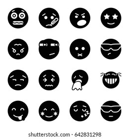 Expression icons set. set of 16 expression filled icons such as blush, sad emot, cool emot in sunglasses, happe emoji with star eyes