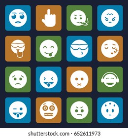 Expression icons set. set of 16 expression filled icons such as sad emot, cool emot in sunglasses, emoji showing tongue, emoji