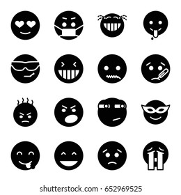 Expression icons set. set of 16 expression filled icons such as laughing emot, emoji in mask, sad emot