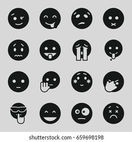 Expression icons set. set of 16 expression filled icons such as laughing emot, wink emot, shy emoji, crying emoji