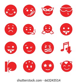 Expression icons set. set of 16 expression filled icons such as blush, wink emot, emoji in mask, cool emot in sunglasses, emoji showing tongue, happe emoji with star eyes