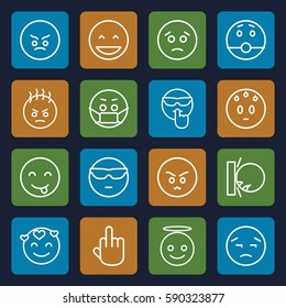 expression icons set. Set of 16 expression outline icons such as laughing emot, sad emot, emoji angel, emoji in mask