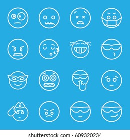 Expression icons set. set of 16 expression outline icons such as emoji in mask, sad emot, cool emot in sunglasses