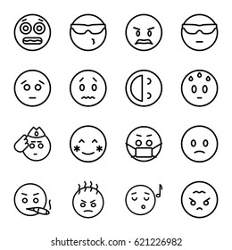 Expression icons set. set of 16 expression outline icons such as blush, sad emot, cool emot in sunglasses, emoji listening music