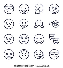Expression icons set. set of 16 expression outline icons such as laughing emot, sad emot, emoji showing tongue