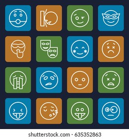Expression icons set. set of 16 expression outline icons such as blush, wink emot, emoji in mask, sad emot, crying emoji