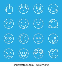 Expression icons set. set of 16 expression outline icons such as crazy emot, blush, sad emot, emoji showing tongue, shy emoji