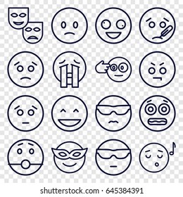 Expression icons set. set of 16 expression outline icons such as crazy emot, laughing emot, emoji in mask, emoji listening music