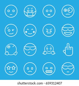Expression icons set. set of 16 expression outline icons such as blush, wink emot, emot in sun glasses, happe emoji with star eyes, emoji in mask, dancing emoji