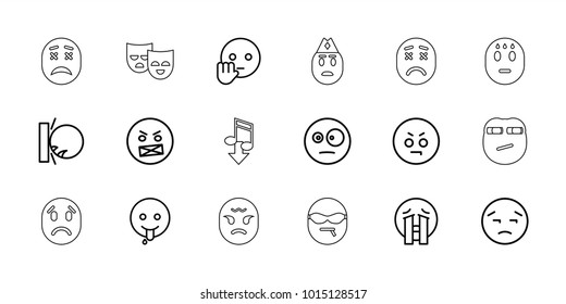 Expression icons. set of 18 editable outline expression icons: angry emot, upset emot, crying emoji, emoji showing tongue, mask