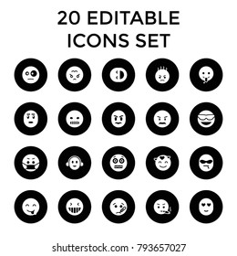 Expression icons. set of 20 editable filled expression icons such as laughing emot, emot in sun glasses, shocked emoji. best quality expression elements in trendy style.