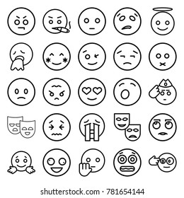 Expression icons. set of 25 editable outline expression icons such as crazy emot, blush, wink emot, emoji angel, crying emoji