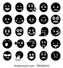 Expression icons. set of 25 editable filled expression icons such as blush, sad emot, angry emot, shocked emoji, angry emoji